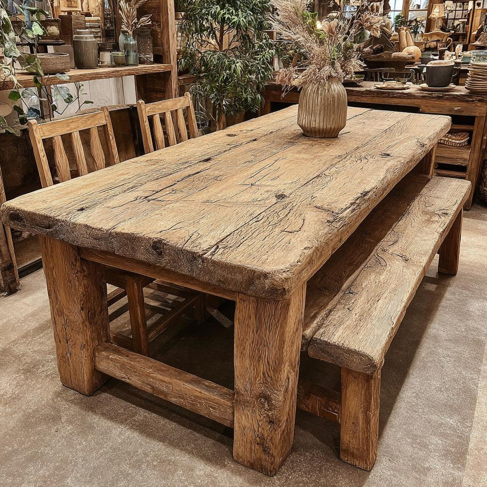 Rustic Wooden Dining Table – Handmade Solid Walnut Farmhouse Table